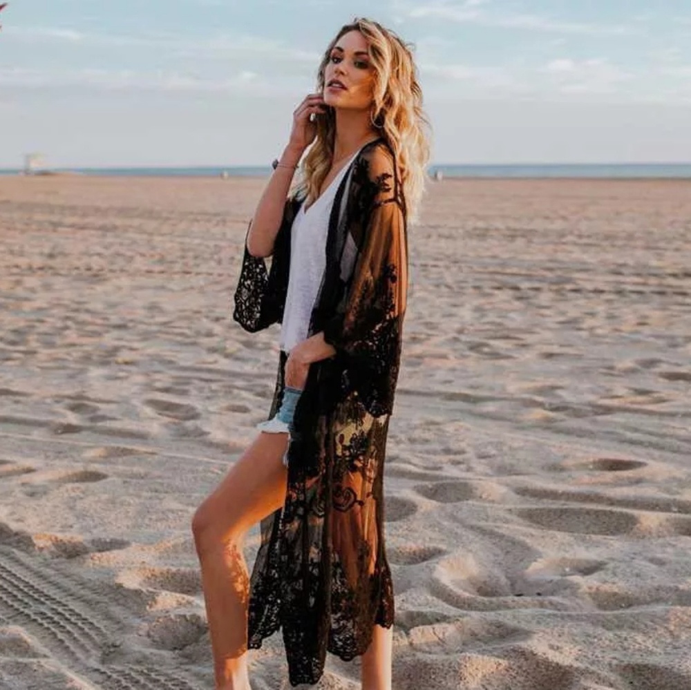 SILVIA Long Black Lace Cardigan - Picture 2 of 4